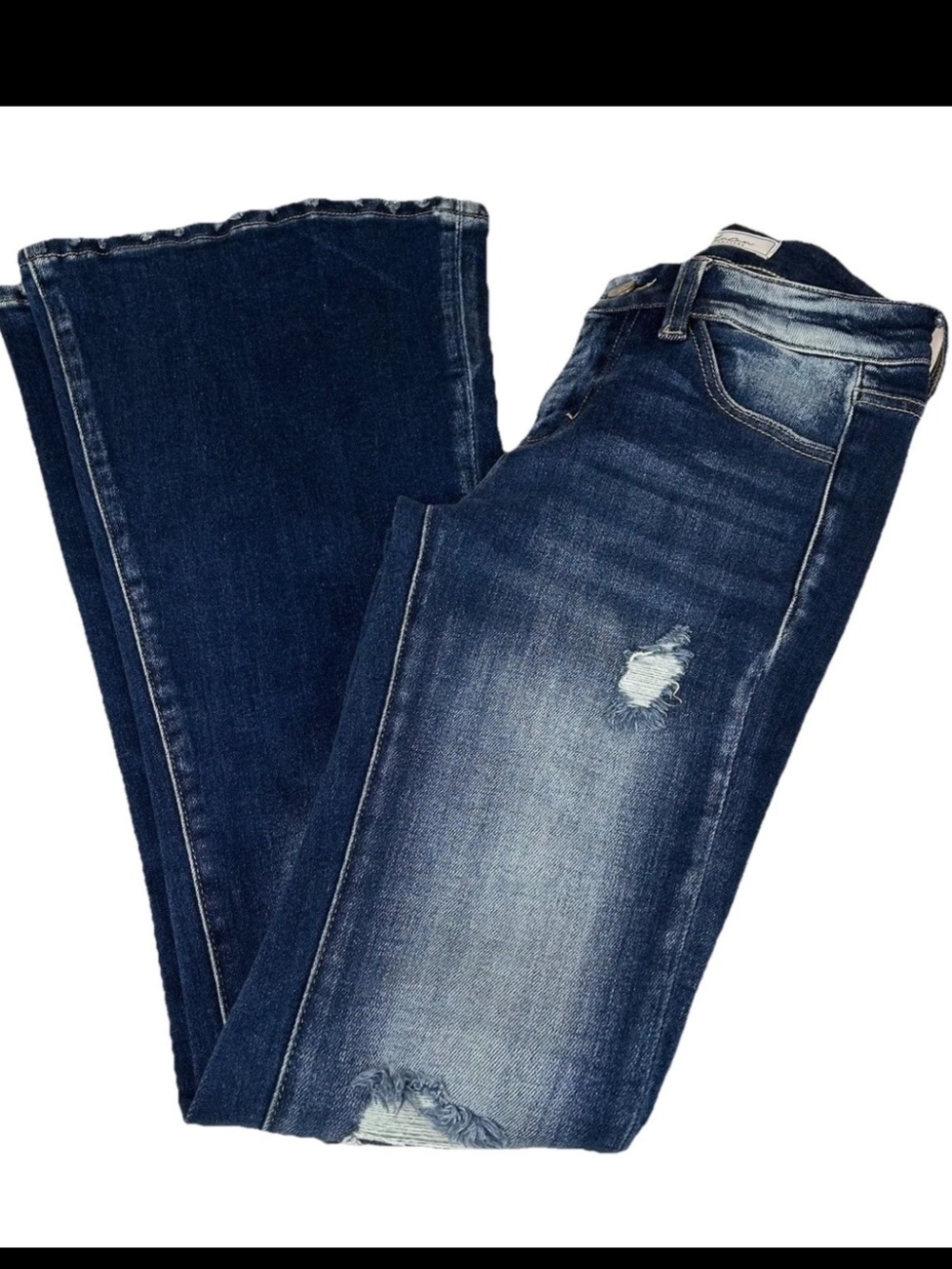 KanCan Women’s Size 24 Mid Rise Flare Jeans Dark Wash Blue Distressed #0881
